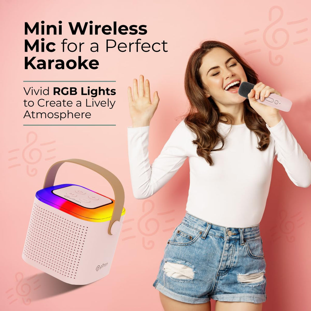 Mini Bluetooth Speaker, Wireless Karaoke Mic, 8Hrs Playtime, Vivid RGB Lights, Voice Effects, Multi-Play Modes BT5.1/TF Card & Type-C Charging Light Pink GenzVybs