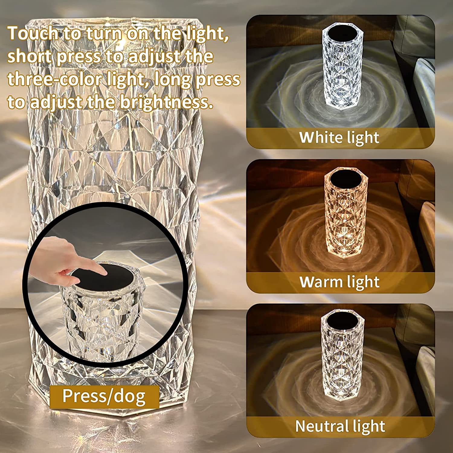 Crystal Table Lamp,3 Color Changing Rose Diamond Night Light, Led Usb Nightstand Lamp With Touch Control For Living Room Bedroom, Party Dinner Decorative Gift, White GenzVybs