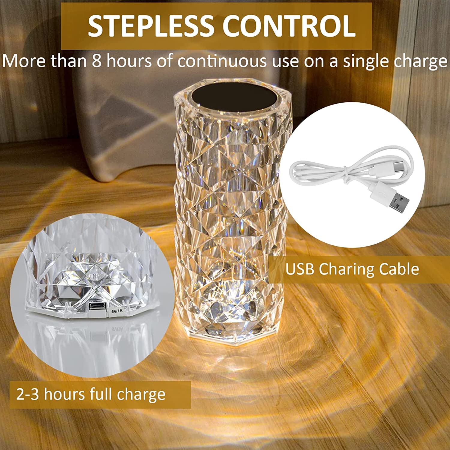 Crystal Table Lamp,3 Color Changing Rose Diamond Night Light, Led Usb Nightstand Lamp With Touch Control For Living Room Bedroom, Party Dinner Decorative Gift, White GenzVybs